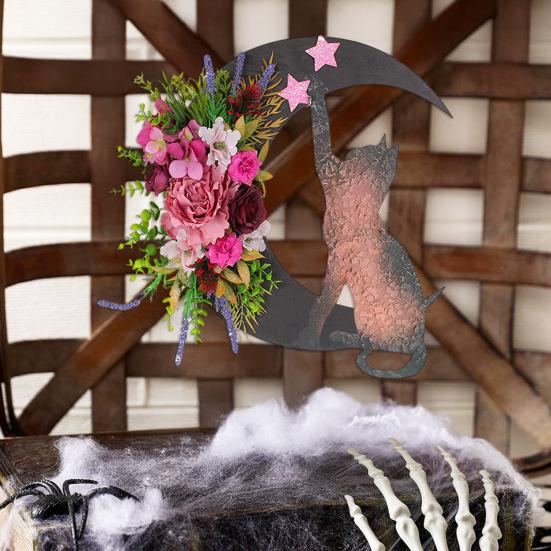 Хэллоуинский венок «Лунный кот» для входной двери, венок в виде полумесяца, табличка с искусственными цветами роз для готического домашнего декора