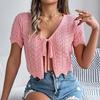Women Crochet Tops Short Sleeve Lace-up Hollow Design Knitting Tops Sun Protection Summer