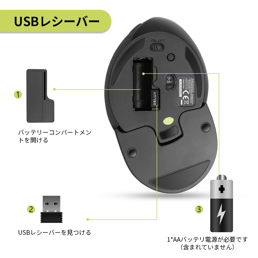 DELUX Wireless Ergonomic Mouse Quiet Vertical Removable Wrist 6 Carpal Hand for Plus 2.4G Mouse, Rest, 800/1000/1600DPI, Buttons, Tunnel, Wrist,