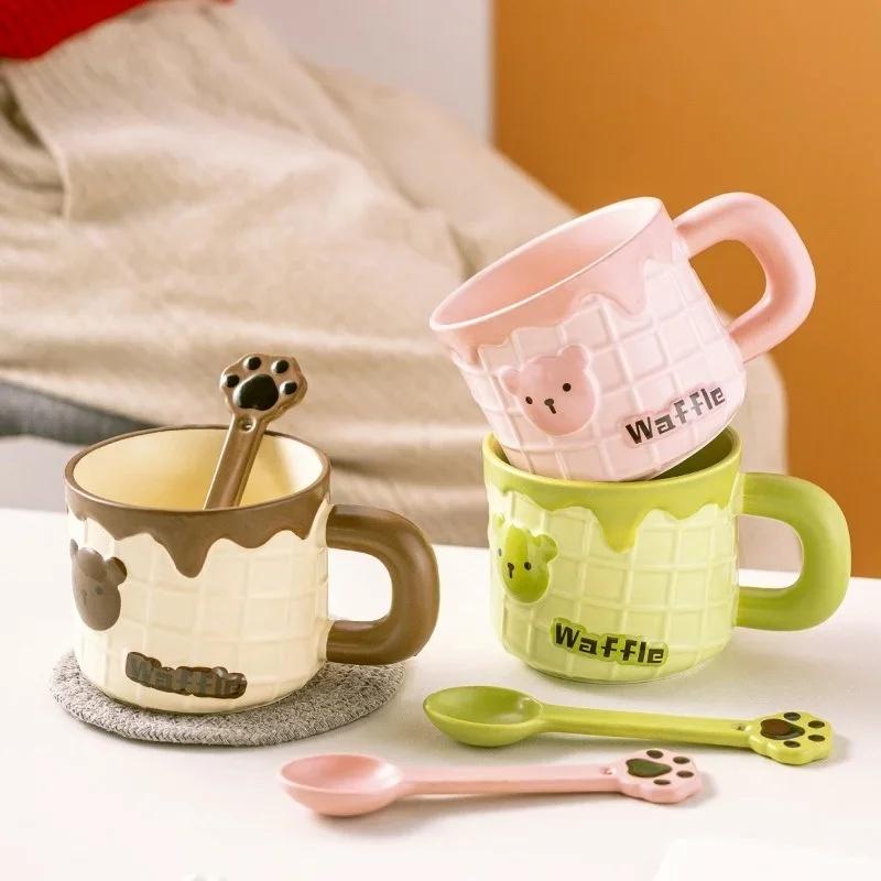 JUSTINLAU Ceramic Mug Cartoon Ice Cream Bear Flower Bird Water Cup Portable Breakfast Coffee Milk Oat Cups Home Office Drinkware