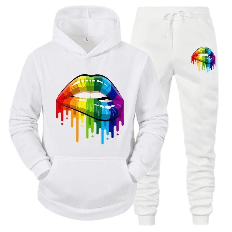 Осень-зима женская толстовка + спортивные штаны, спортивные костюмы из 2 предметов, спортивные костюмы с капюшоном для бега, модные цветные спортивные костюмы с принтом губ
