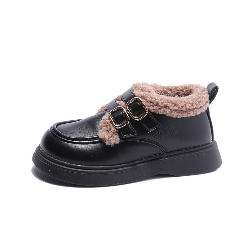 Winter Kids Leather Shoes Simple Warm Girls Thick Bottom Cotton Shoes Fashion Retro Versatile Thick Bottom Children's Loafers