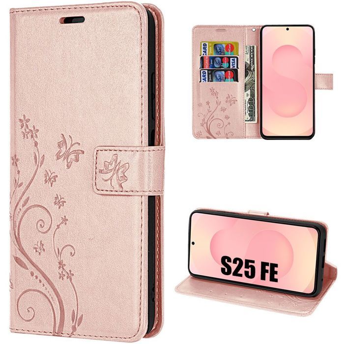 Coque de Protection - BOOLING - pour Samsung Galaxy S25 FE - Rabat Antichoc Synthécuir Relief Floral Rose