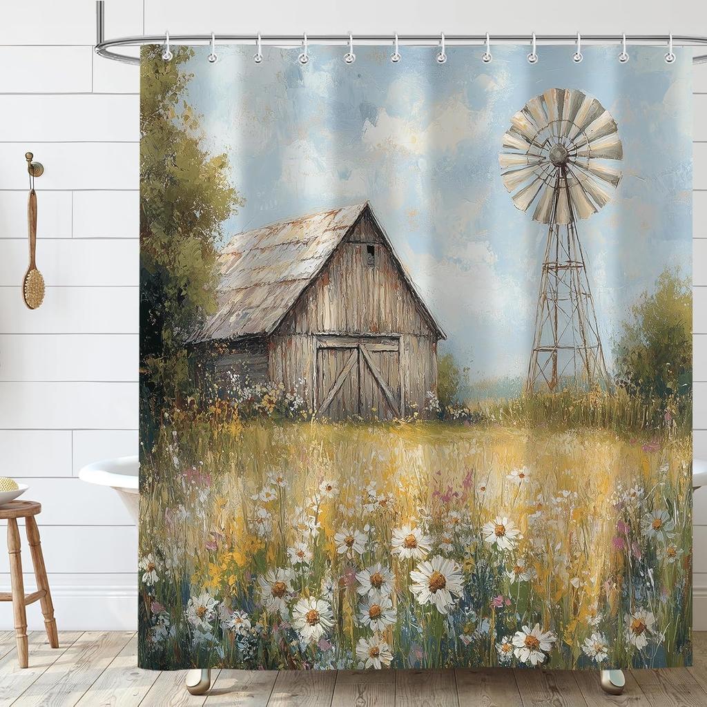 Rustic Barn Windmill Shower Curtain, Western Farm Barn Daisy Floral Farmhouse Bath Curtains Set, 72x72 inch Waterproof Fabric Ba
