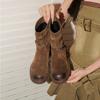 Sheepskin version~ Maillard Lazy Wind Belt Buckle Rub Color Round Head Western Cowboy Boots Women's Coarse Heel Short Boots Martin Boots