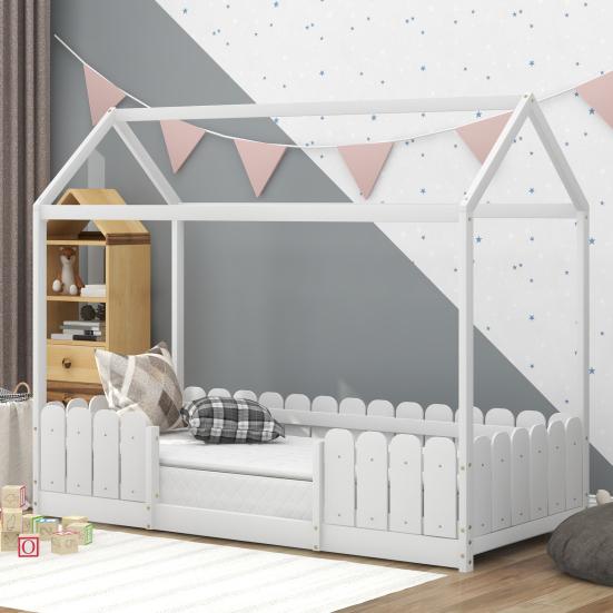 Children Bed Single Sturdy Construction High Stability Fence Design Mildew-proof Good Load-bearing Bedstead Anti-fall Smooth Surface Frame Wooden