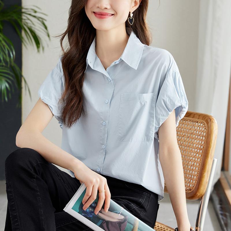 Light Blue Shirt for Women Short-sleeved Summer New Flower Bud Sleeve Top Design Niche Cotton Shirt