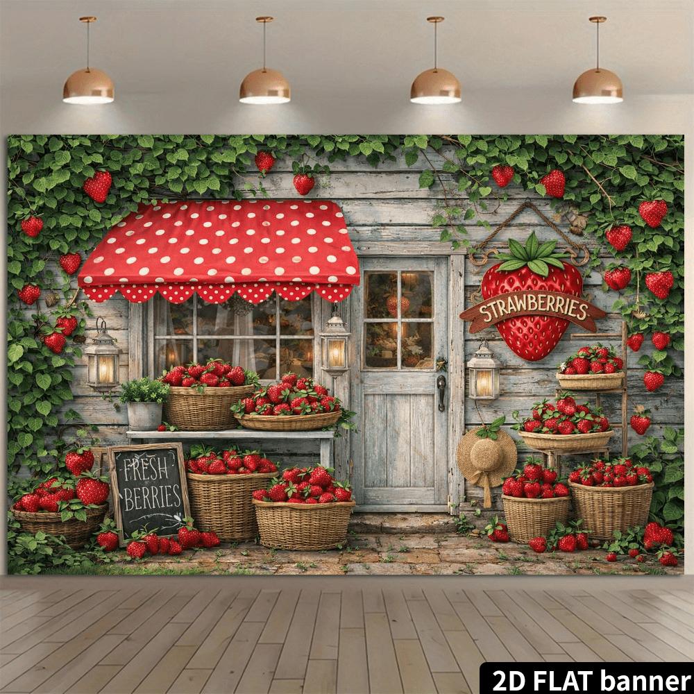 2D Flat Retro Wooden House Strawberry Shop Background Cloth, with Old Wooden Doors And Red Polka Dot Awnings,yzb