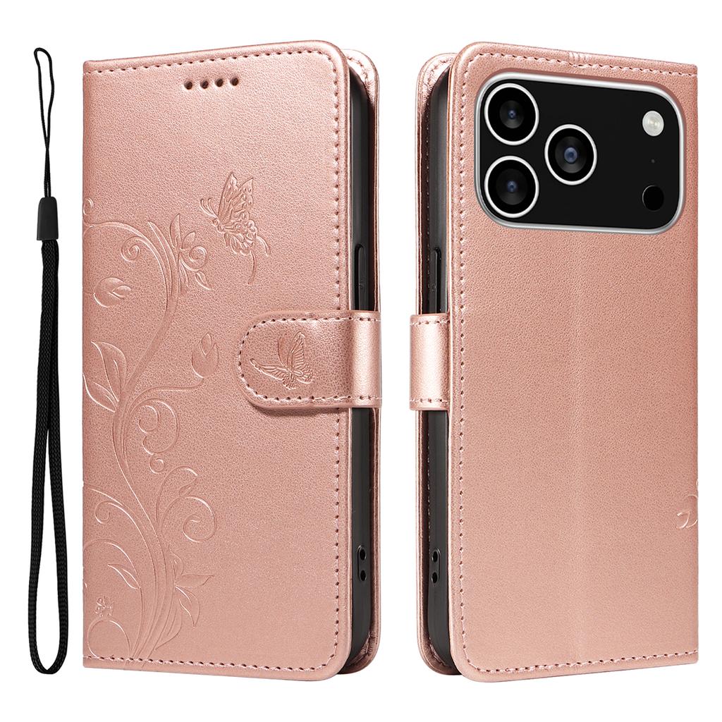 For iPhone 17 Pro PU Leather Cases Flower Pattern Wallet Stand Phone Cover with Strap