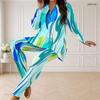 Women Plus Size Two Piece Set Half Zip Long Sleeve Printed Longline Top And Fitted Pants