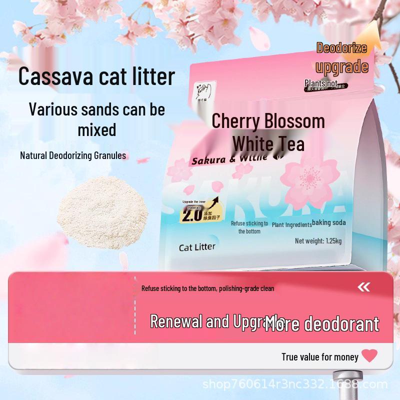 Cassava Cat Litter, Cherry Blossom White Tea, 20kg – Deodorizing, Nearly Dust-Free, Easy Clumping, Odor Control.