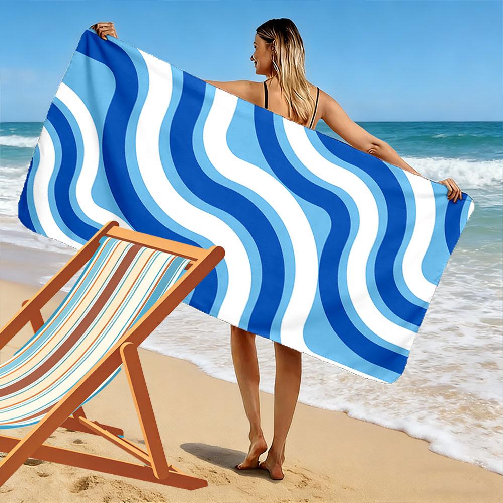 Blue and White Wave Pattern Beach Towel Quick-drying for Travel Outdoor Sports Jogging Beach and Swimming
