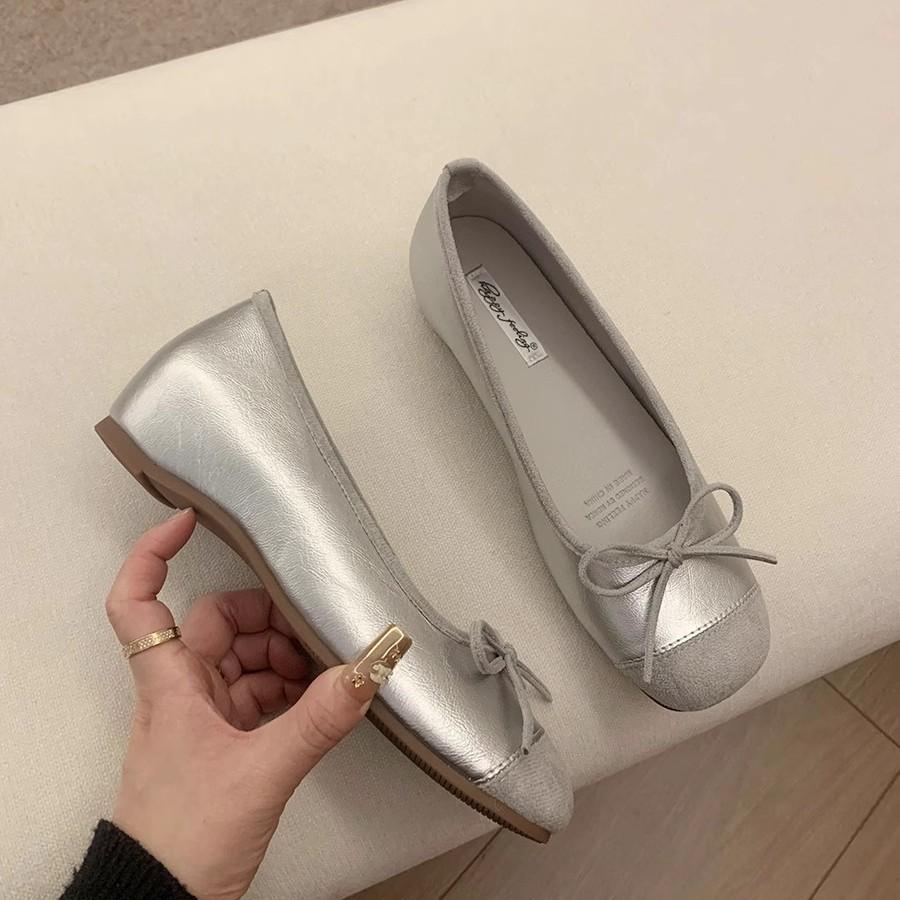 Французские ретро-туфли на мягкой подошве, серебристые женские туфли, осенние туфли, вечерние туфли с бантом, красные балетки