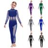 Girls Gymnastics Leotard for Figure Skating Sheer Mesh Patchwork Full Body with Keyhole Back Rhinestones