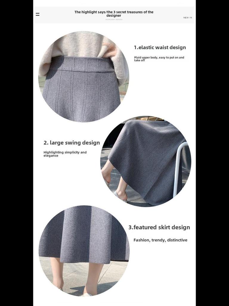 Women's High-Waisted A-Line Wool Skirt with Sweater - Hip-Covering, Slimming, Medium-Length for Autumn/Winter