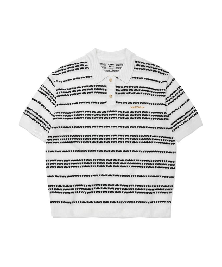 WACKY WILLY Basic Logo Striped Collar Sweater Cream
