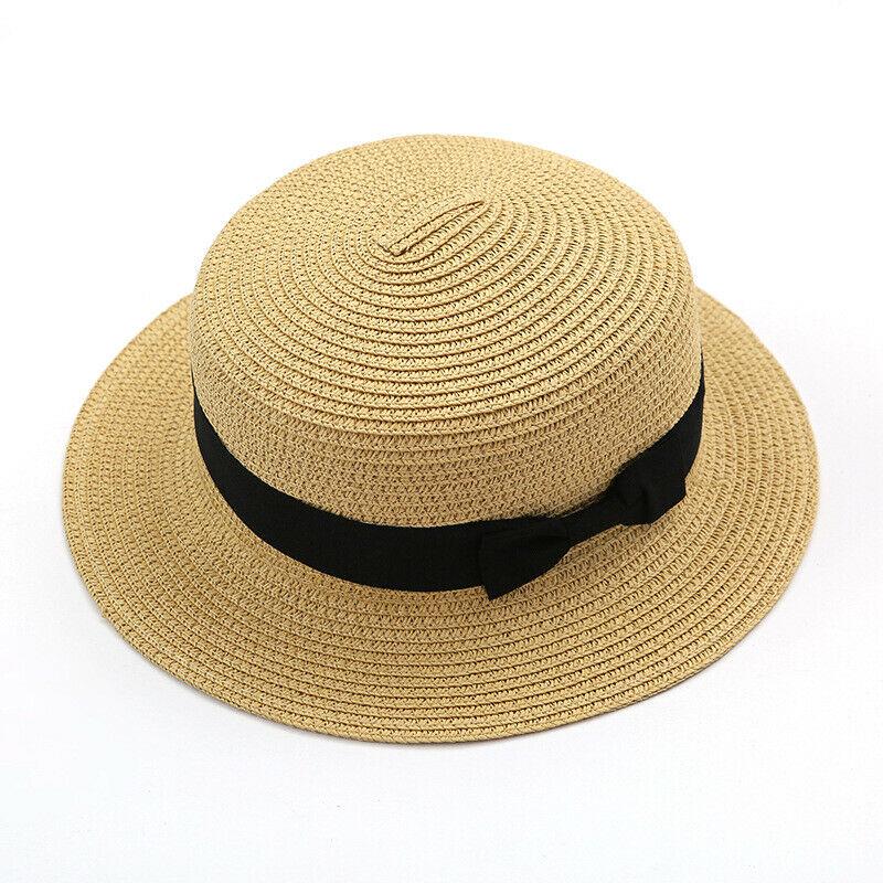 Round Flat Caps Women Large Brim Straw Bowler Boater Sun Hat Ladies Summer Beach Travel Solid Sunhat