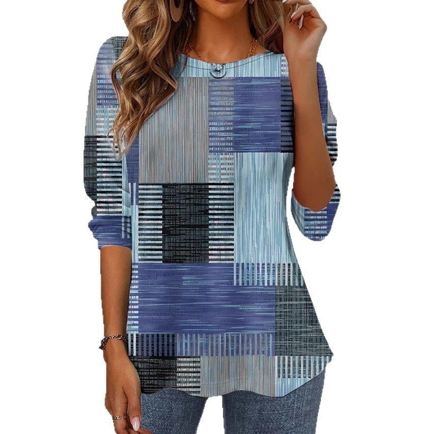 Круглый вырез 3D ретро клетчатый узор принтованный топ модные повседневные длинные рукава женские футболки