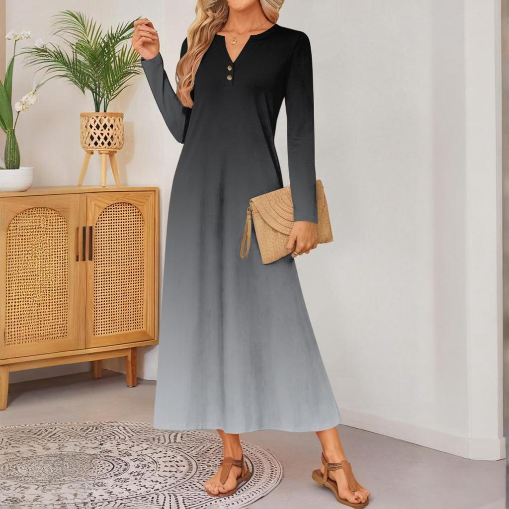 Women Gradient Print Long-sleeved Comfortable Loose Dress Elegant Dress