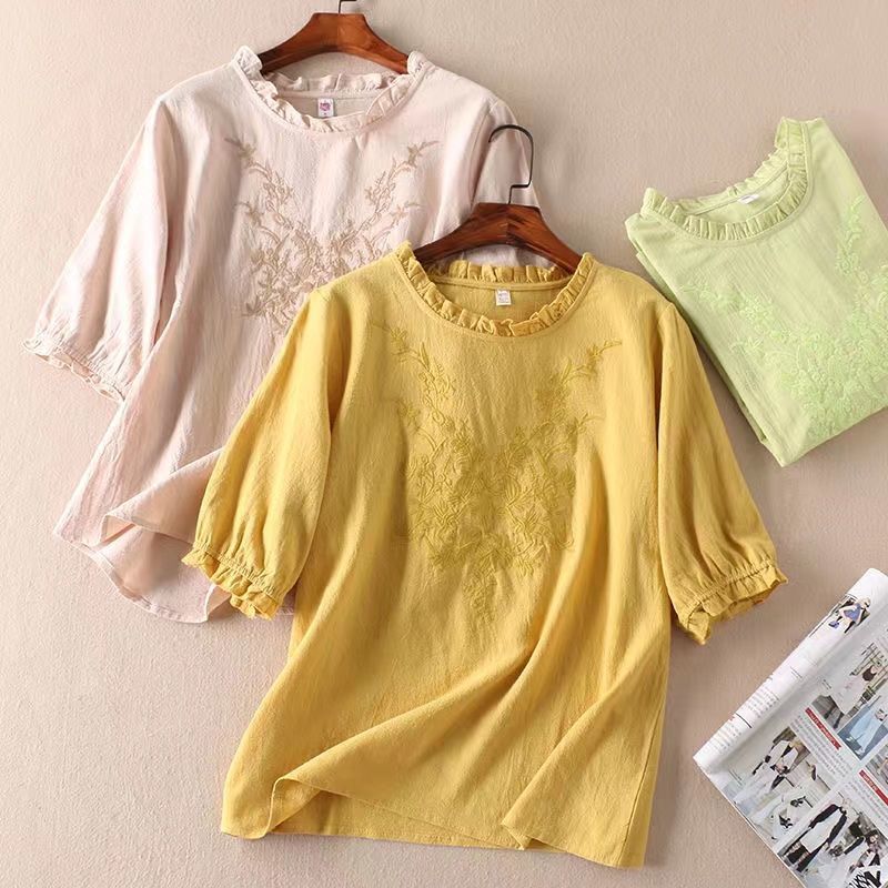 Spring Summer Women's Literary Embroidery Ruffled Lantern Sleeve T-shirt Loose Thin Section Seven-minute Sleeve Round Neck