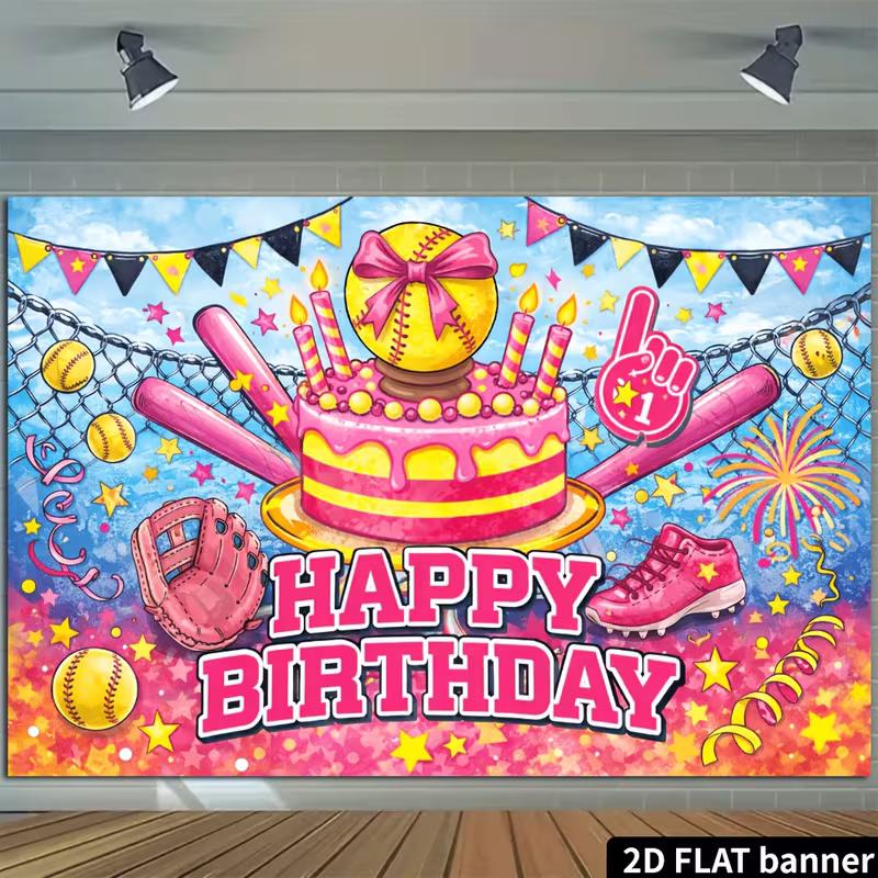 Двумерный розовый фон для дня рождения с софтболом и тортом для студии, фотосессии и декора стен