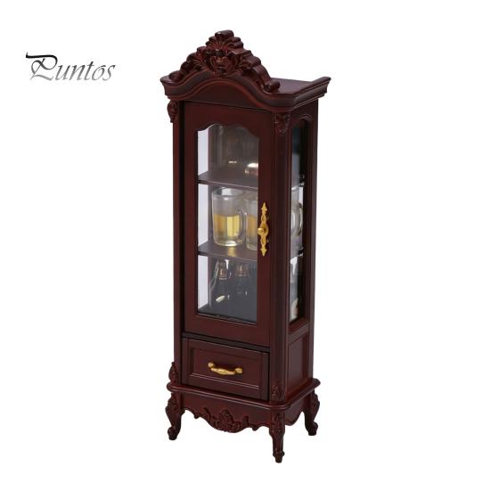 European Style Doll Mansion Accessory Miniature Curio Cabinet, 1/12 Scale Mini Wine Wooden Tiny Display Cabinet with Retro Storage Shelf Drawer,