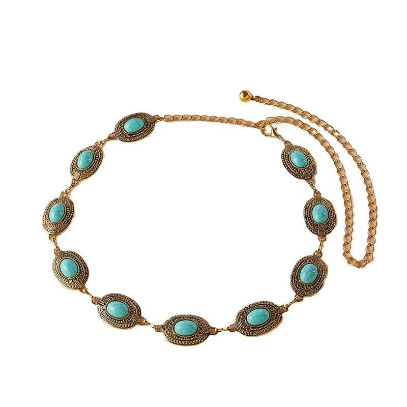 Bohemian Women's Belt and Chain with A High-end Feel, Retro Engraved and Inlaid Waist Chain, Women's Metal Waist Chain, Women's Belt