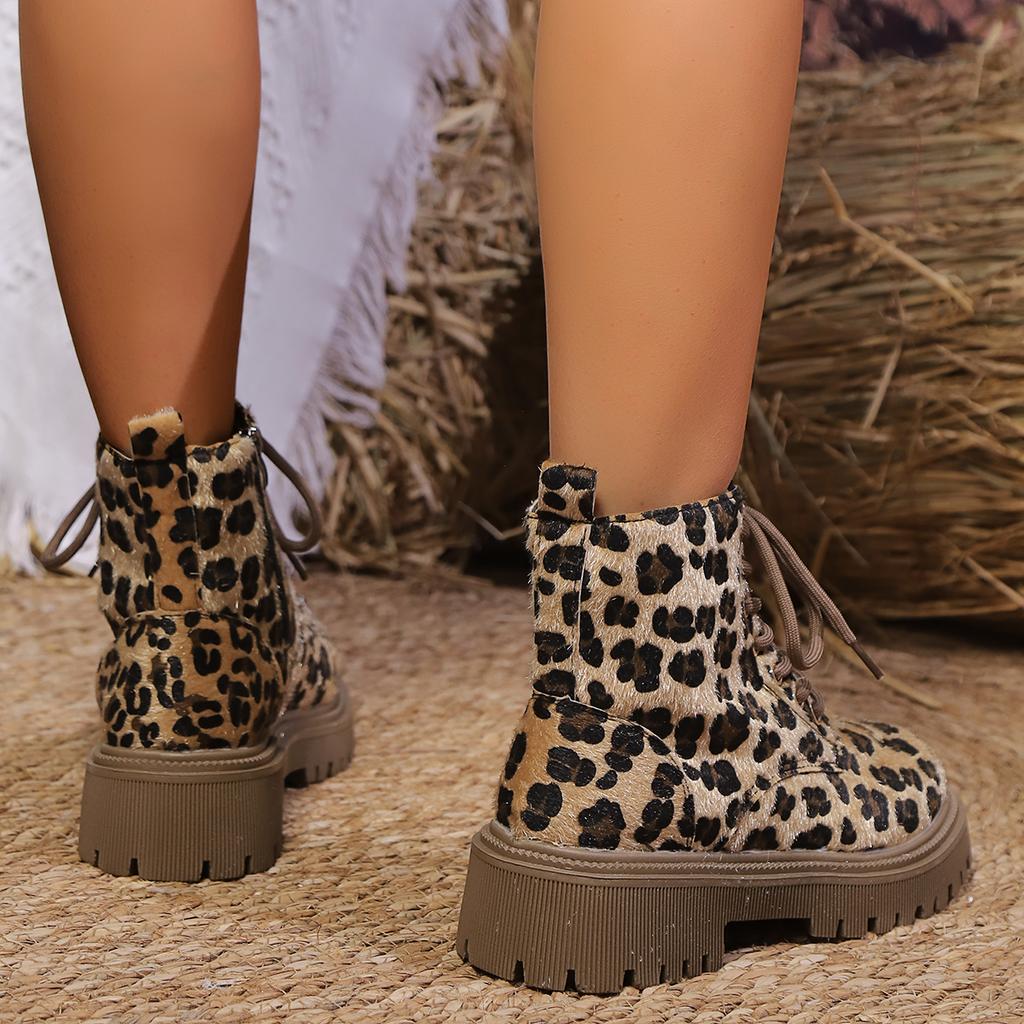 Женские ботильоны с леопардовым принтом на толстой подошве, модные ботинки на платформе со шнуровкой и боковой молнией, женские осенне-зимние нескользящие армейские ботинки