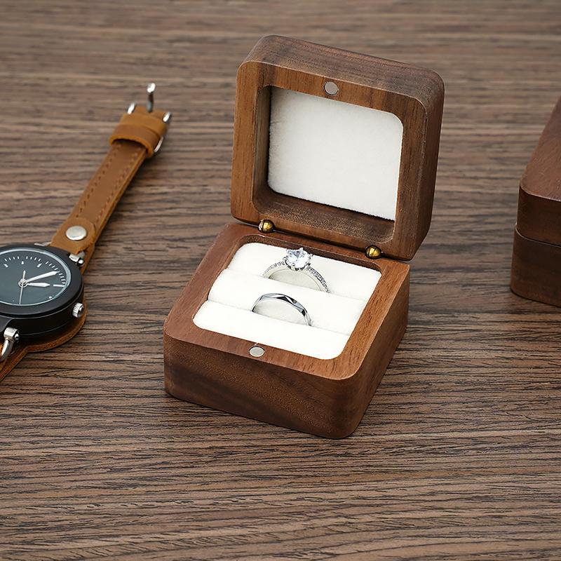 Square Wooden Ring Box for Couple - Walnut Engagement Ring Case, Wedding Jewelry Gift Box Organizer