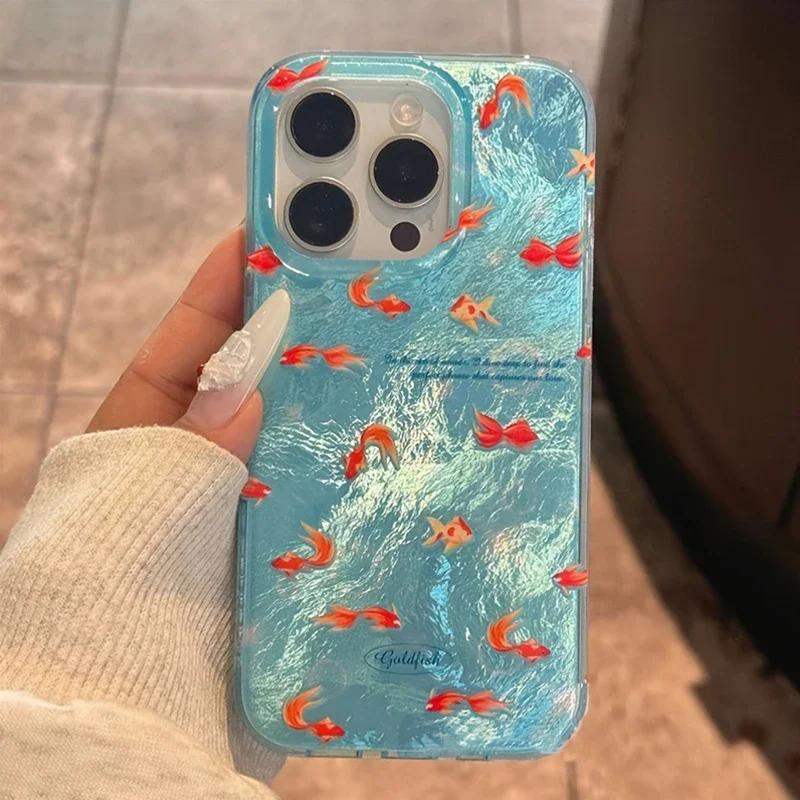 Синий Океан Красная Рыба Вихрь Узор ТПУ Чехол для Телефона Для iPhone 17 16 15 14 13 12 11 Pro Max XS X XR 7 8 Plus 16E INS Корейский Funda
