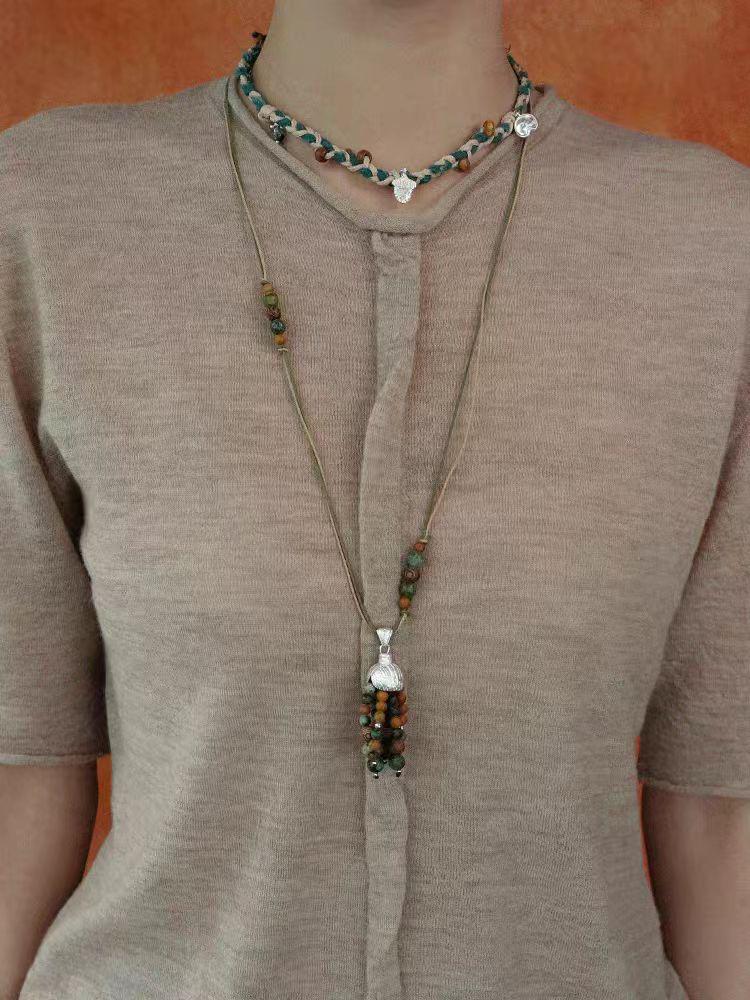 SWAH Vintage Nomadic Style Fruit Tassel Wood Bead Long Necklace with Ear Hook