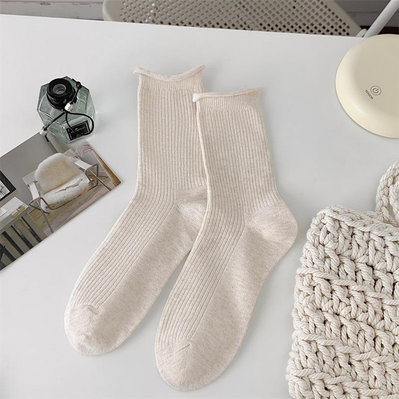 Закатанные носки-гольфы для женщин, весенне-осенние однотонные хлопковые носки до середины икры, бежевые простые и универсальные длинные носки, летние