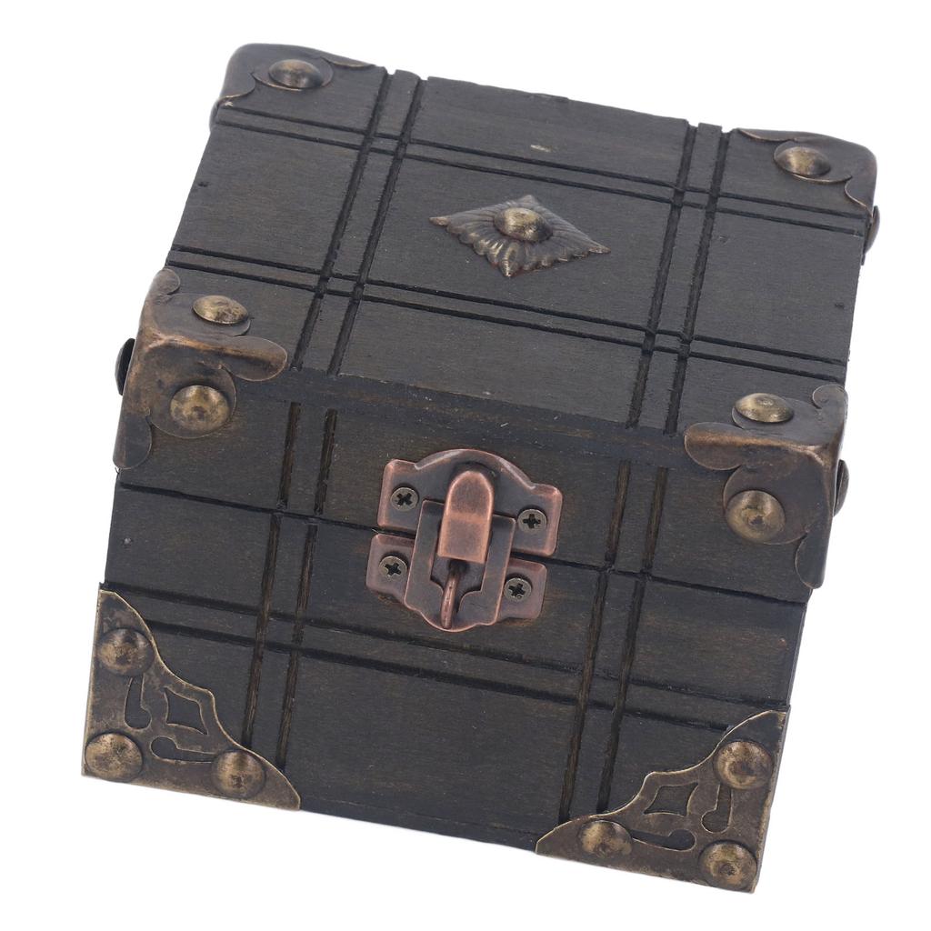 Vintage Wooden Box Retro Antique Decorative Treasure Chest Case Trinket Box with Lock for Storing