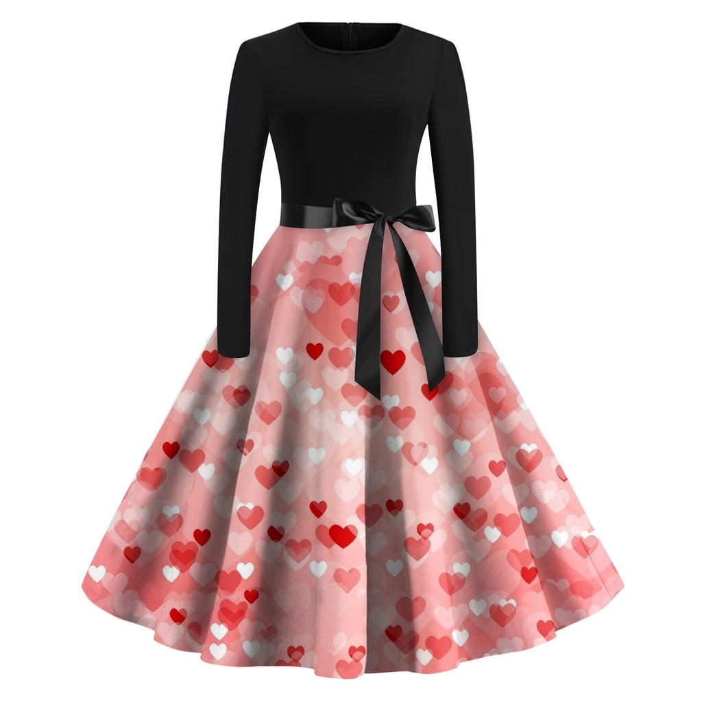 Женское винтажное классическое платье с длинным рукавом и принтом на День святого Валентина, свободное платье с круглым вырезом