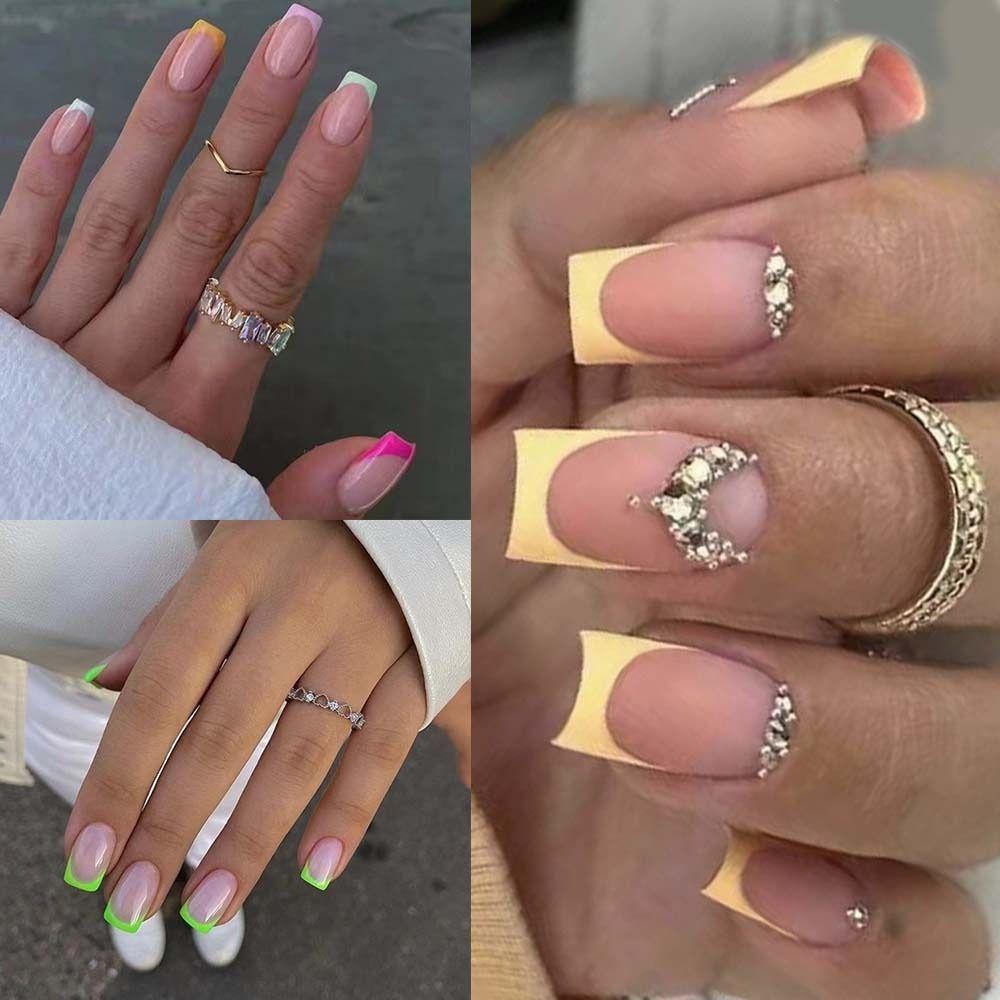 Французские накладные ногти, длинные квадратные ногти, модные ногти для женщин и девочек