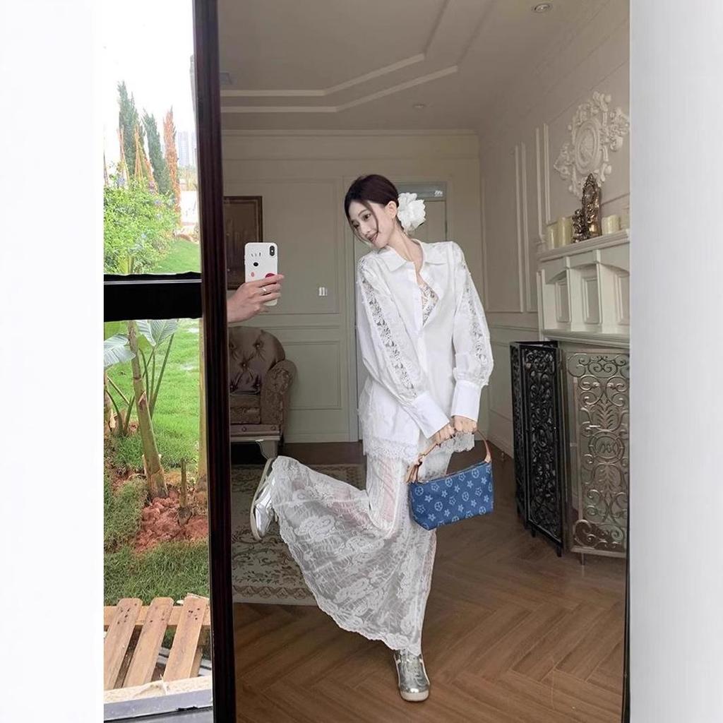 Korean Lace Long-Sleeved Shirt with Suspenders & White Fishtail Maxi Skirt - Women's Three-Piece Set for Spring/Summer 2025