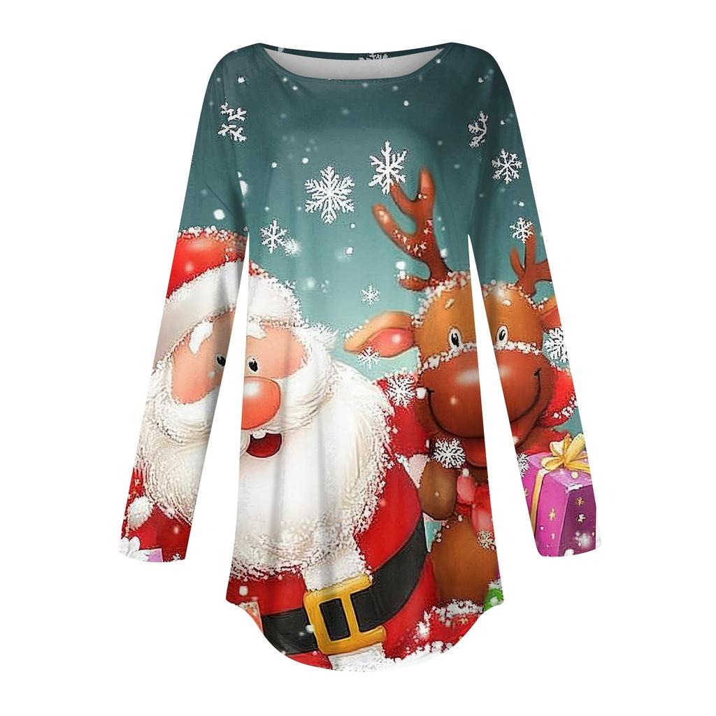 Женская свободная футболка с круглым вырезом и рождественским принтом, длинный рукав, топы, пуловер