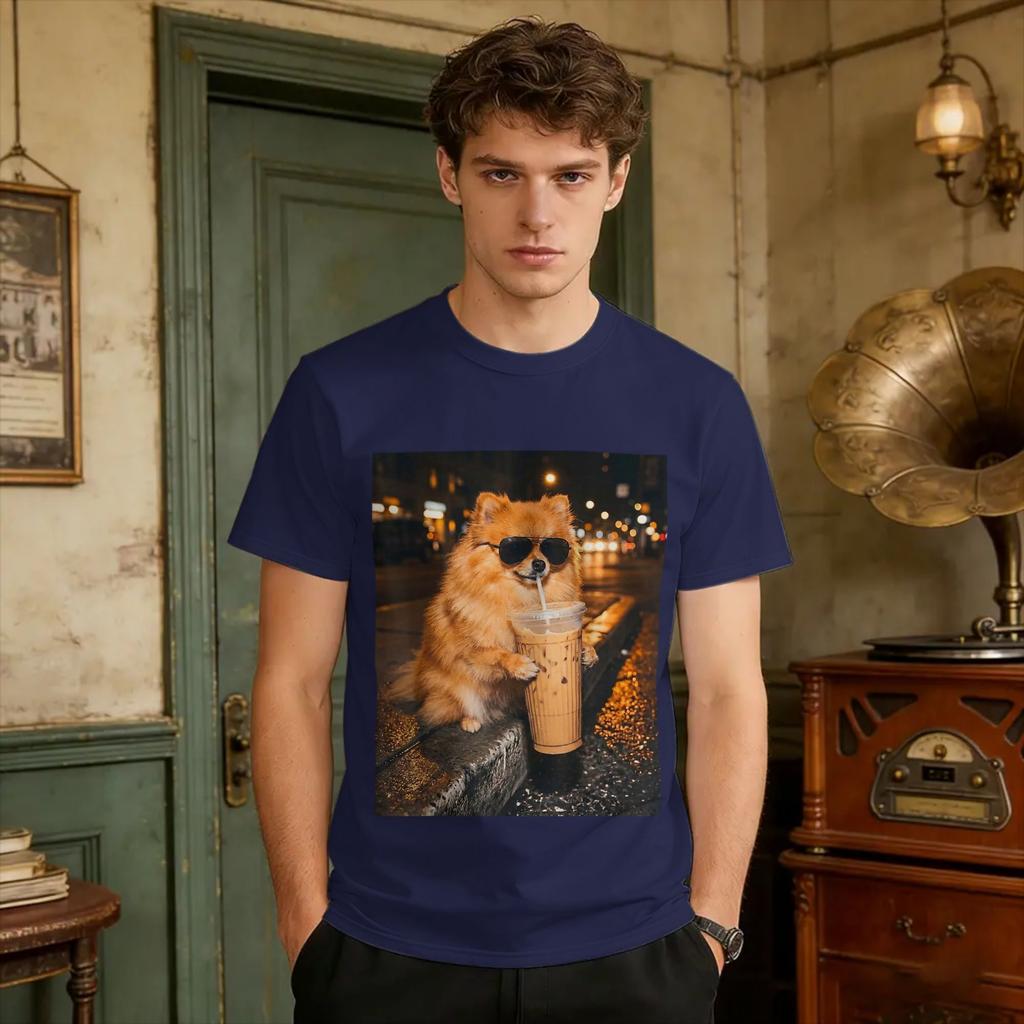 Pomeranian Drinking Iced Coffee Funny Dog Lover Animal Meme Tshirt Bgwrmcj Cotton T Shirt For Unisex Beach Classic Tshirts Tops