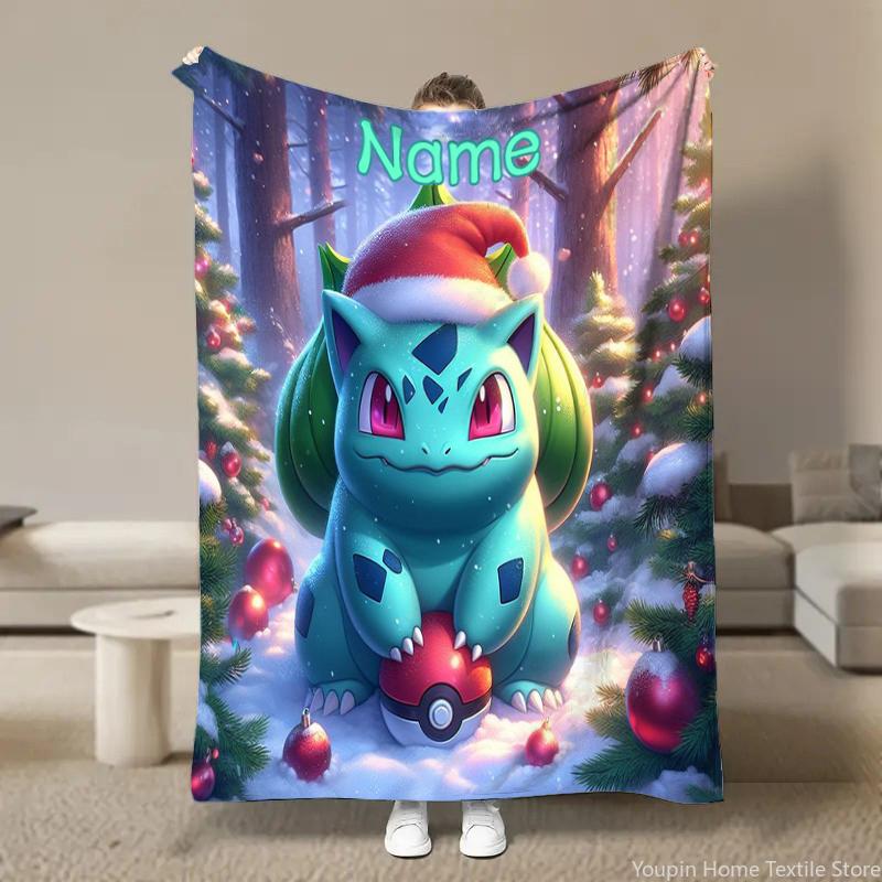 Custom Name Personalized Blanket Pokémon Bulbasaur Print Blanket Children Adult Blankets Soft Warm  Sofa Travel Blanket for Bed