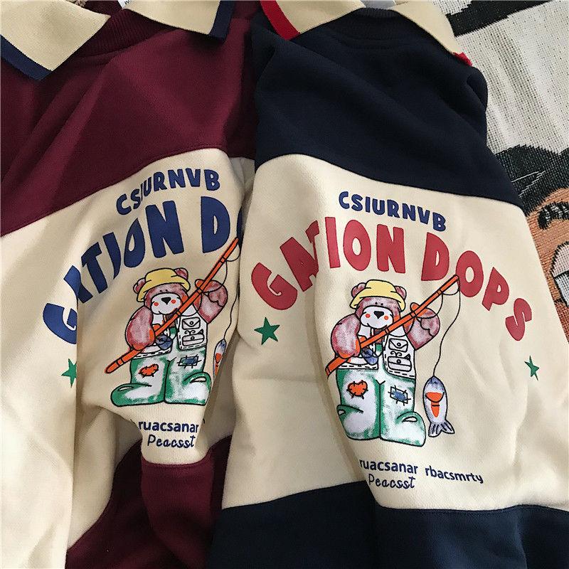 Толстовка большого размера с воротником-поло, женская толстовка с принтом медведя, топ с длинными рукавами в стиле Харадзюку