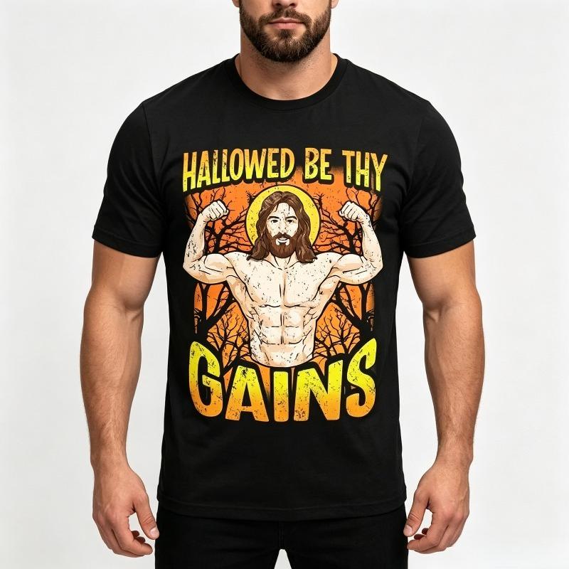 Fitness Christian Themed Tee Shirt Funny Hallowed Be Thy Gains Jesus Print Unisex Short Sleeve Casual Top for Gym and Street