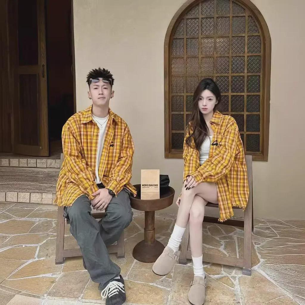 2024 Унисекс Американская ретро желтая клетчатая рубашка куртка: Уникальный весенне-летний топ для пар