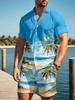 Fashion Style Summer Men's Hawaiian Print Casual Street Wear Button Short Sleeved and Beach Shorts Two-piece Set