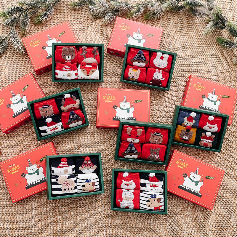 4-Pair Gift Box: Women's Cartoon Animal Mid-Calf Socks - Perfect for Autumn, Winter, Christmas, and New Year