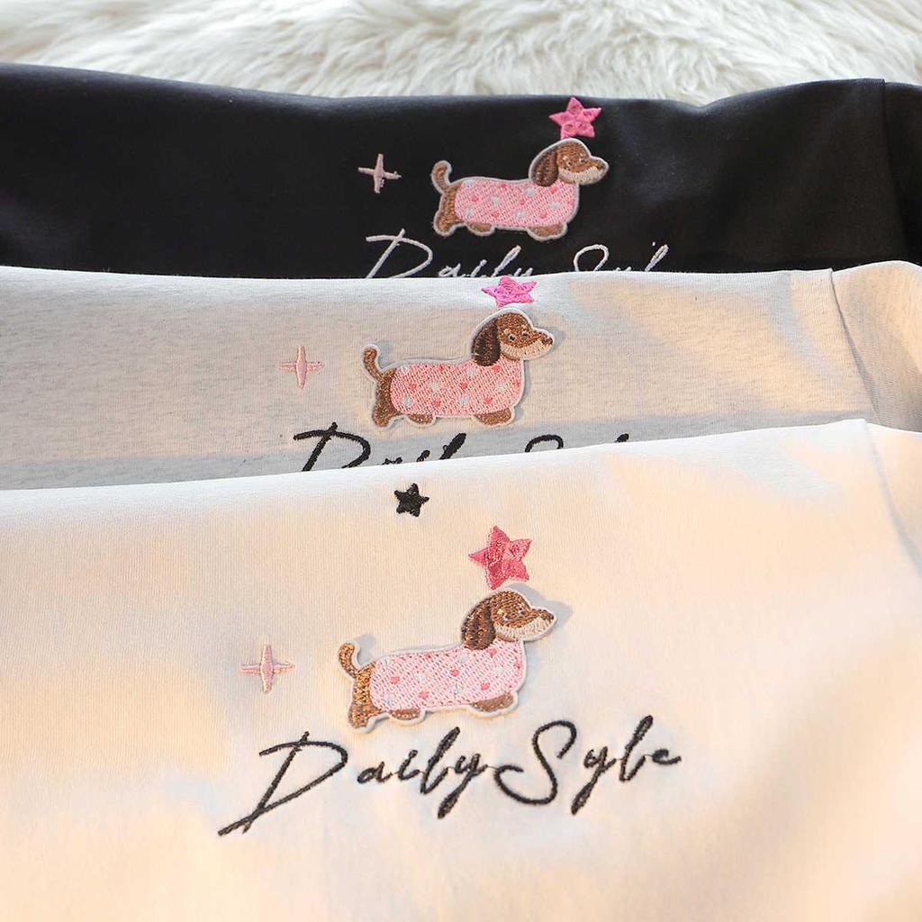 Американский шик Вышитая футболка из хлопка с коротким рукавом и щенком для женщин – Летний свободный крой Милый топ