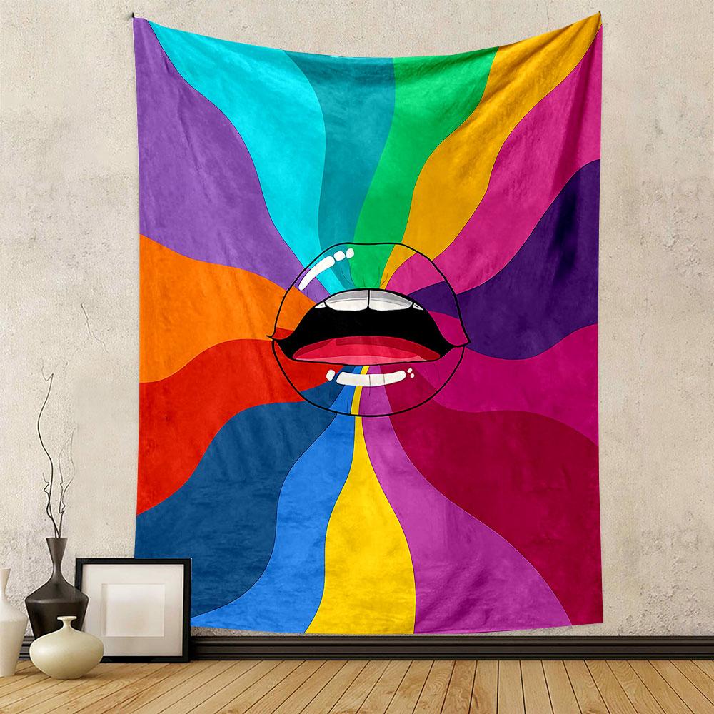 "Colorful Pop Art Lips with Vibrant Waves" Patterned tapestry home decor, suitable for bedroom and living room, gift