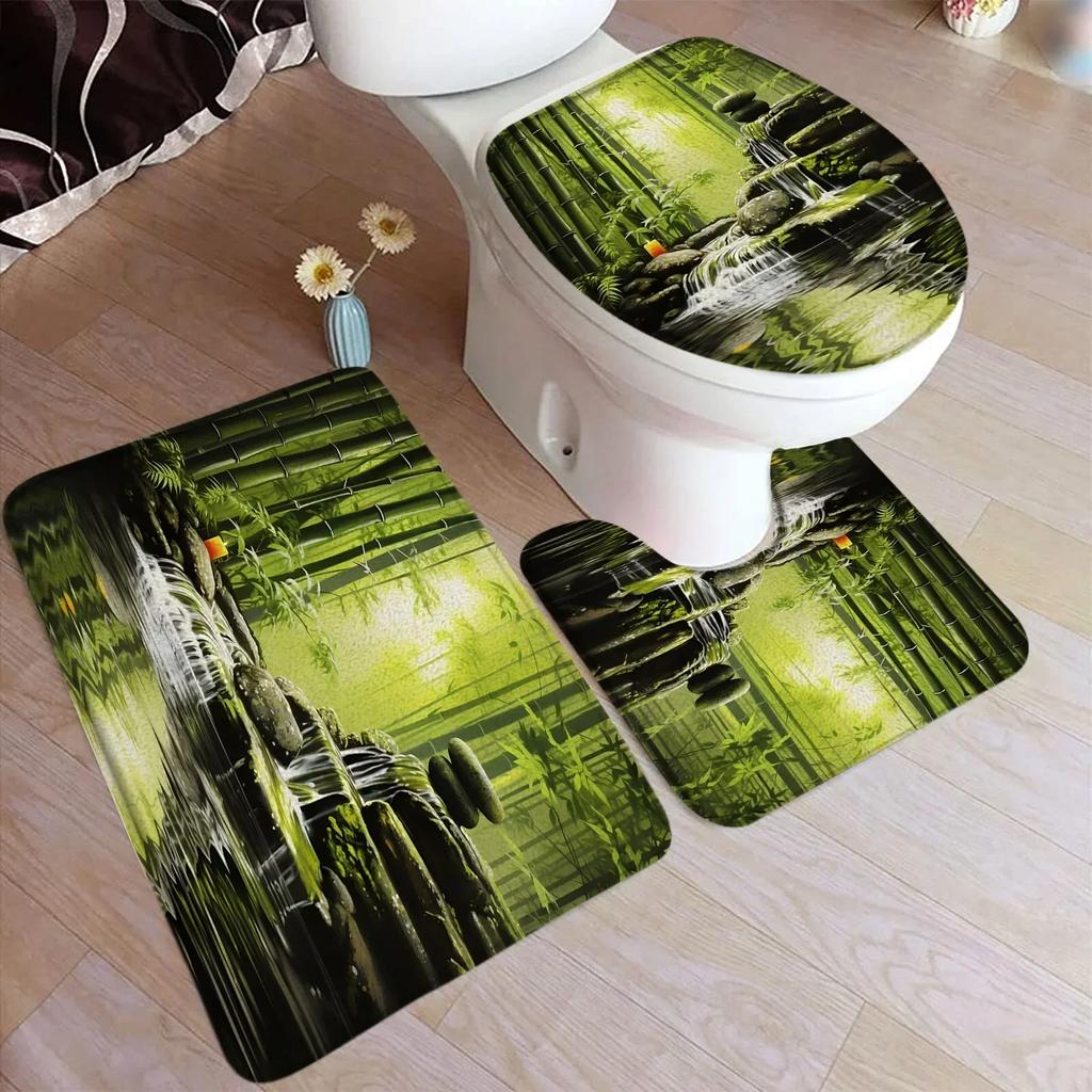 Zen Green Bamboo Bath Mat Set Natural Orchid Flower Black Stone Plant Home Carpet Bathroom Decorative Floor Rug Toilet Lid Cover