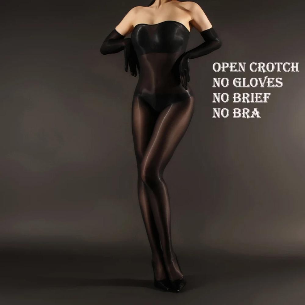 Глянцевые прозрачные колготки без бюстгальтера с открытой промежностью, черные колготки, женские комбинезоны для сна