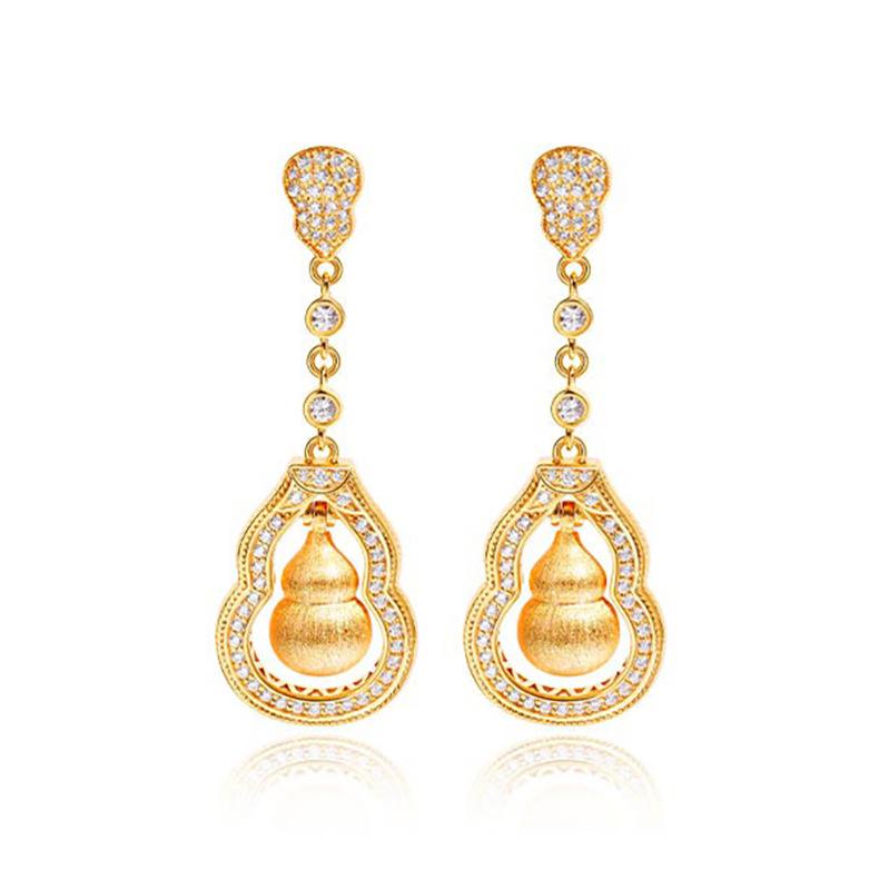 Brushed Gold Gourd Earrings, Earrings, Earrings, National Style New Chinese Jewelry Women, Noble Diamond-set Jewelry