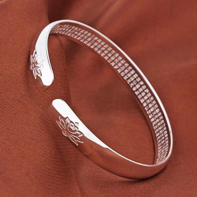 Lotus white copper bracelet for women, open heart sutra bracelet, solid ethnic style, young fashion accessory, bracelet for girlfriend
